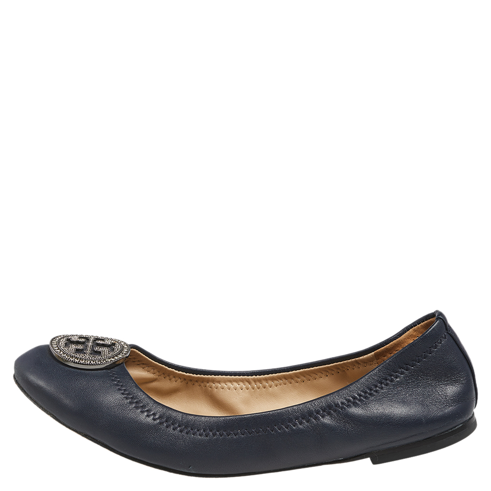 

Tory Burch Navy Blue Leather Embellished Logo Scrunch Ballet Flats Size