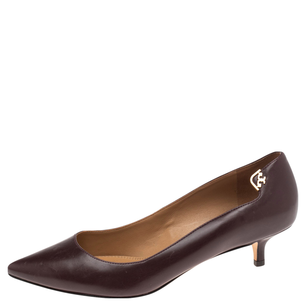 

Tory Burch Burgundy Leather Pointed Toe Kitten Heel Pumps Size