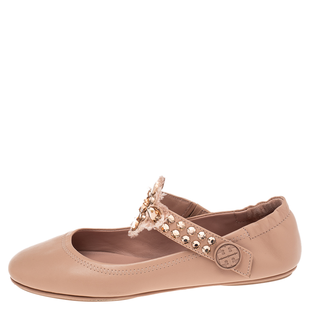 

Tory Burch Beige Leather Embellished Strap Ballet Flats Size