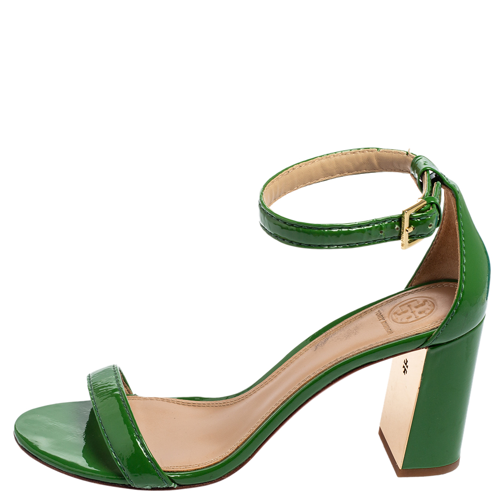 

Tory Burch Green Patent Leather Block Heel Ankle-Strap Sandals Size