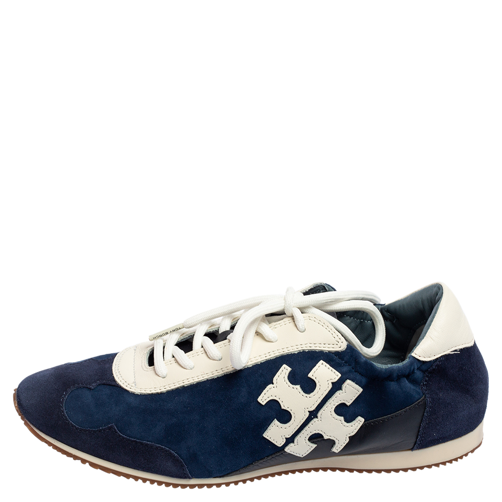 

Tory Burch Navy Blue/White Suede and Leather Tory Sneakers Size