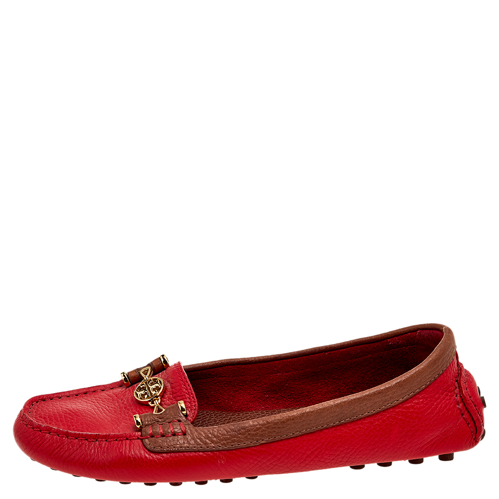 

Tory Burch Red/Brown Leather Slip On Loafers Size