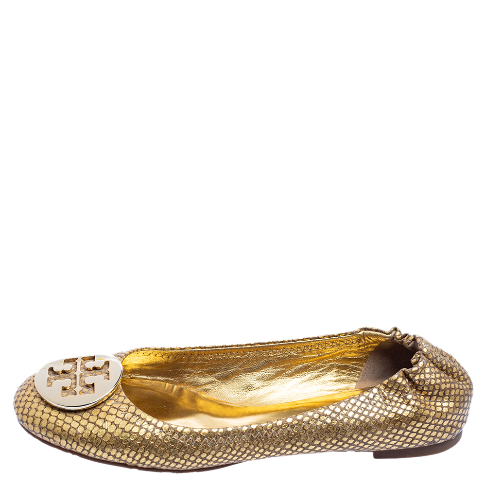 

Tory Burch Gold Snakeskin Embossed Leather Minnie Ballet Flats Size 38