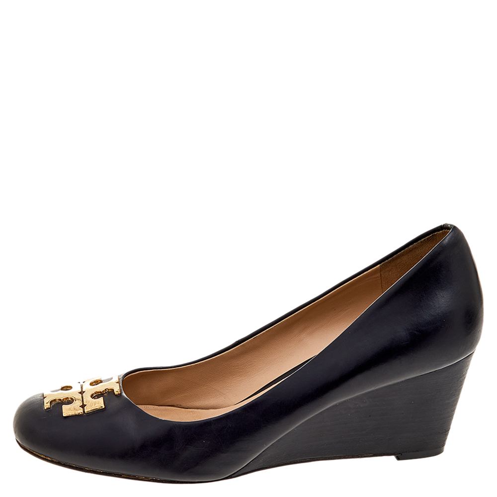 

Tory Burch Black Leather Logo Wedge Pumps Size