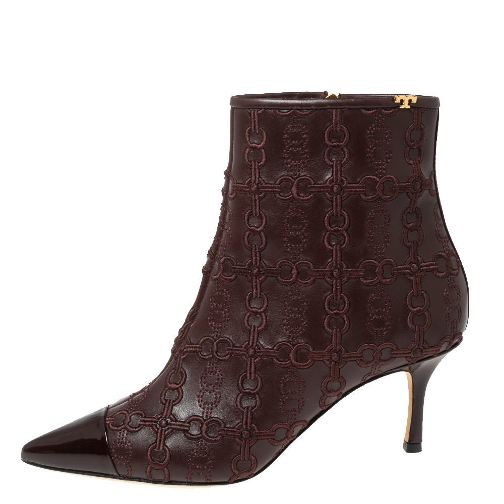 

Tory Burch Dark Brown Embroidered Leather Penelope Ankle Boots Size