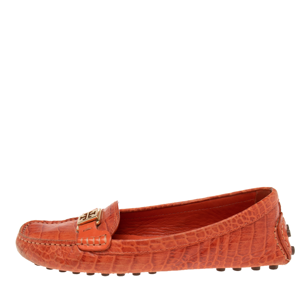 

Tory Burch Orange Croc Embossed Leather Driver Loafers Size