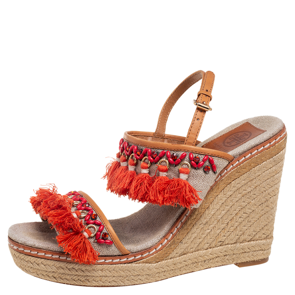 

Tory Burch Beige Canvas Fringe and Crystal Embellished Espadrille Wedge Sandals Size