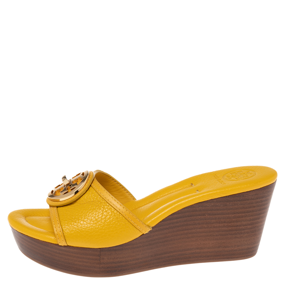 

Tory Burch Yellow Leather Selma Logo Wedge Slide Sandals Size