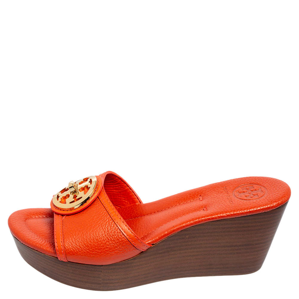 

Tory Burch Orange Leather Patty Wedge Slide Sandals Size