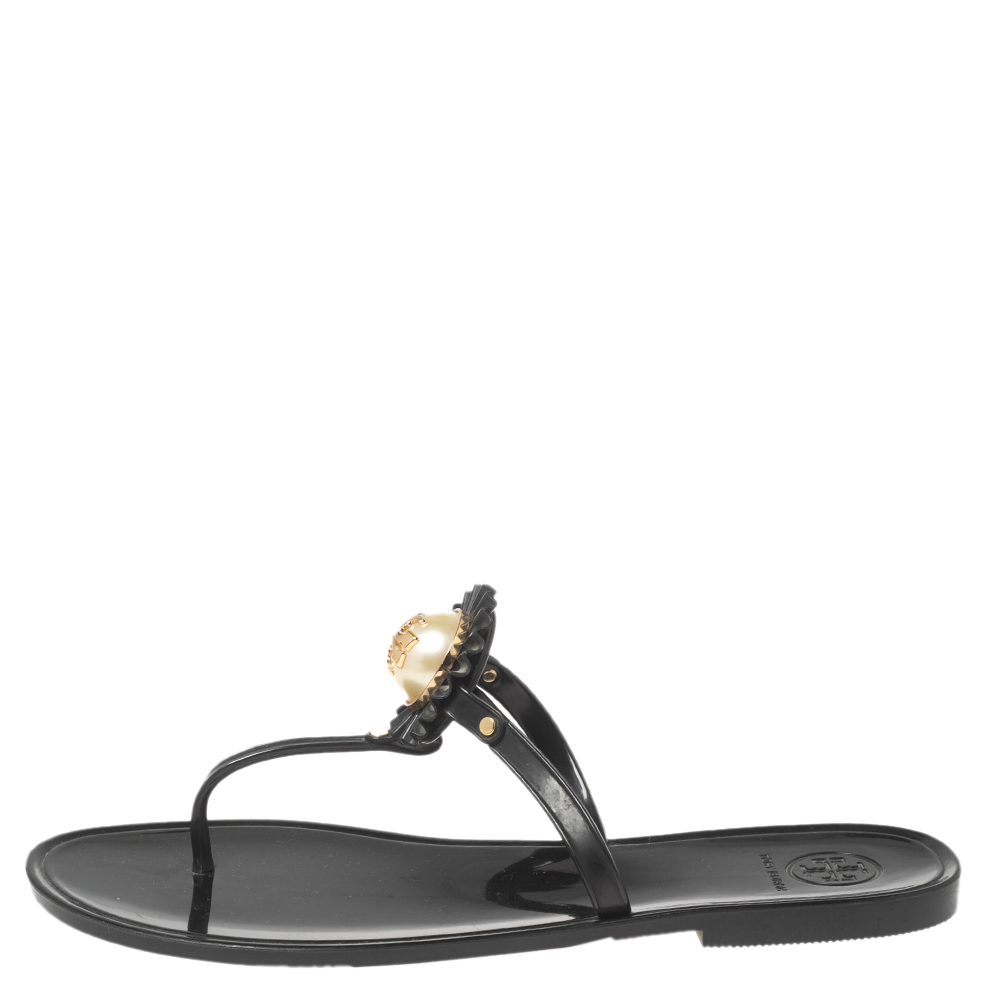 

Tory Burch Black Jelly Logo Pearl Melody Flat Thong Sandals Size
