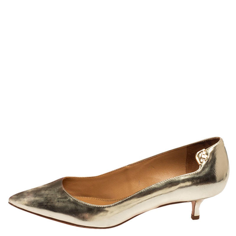 

Tory Burch Metallic Gold Leather Pointed Toe Kitten Heel Pumps Size