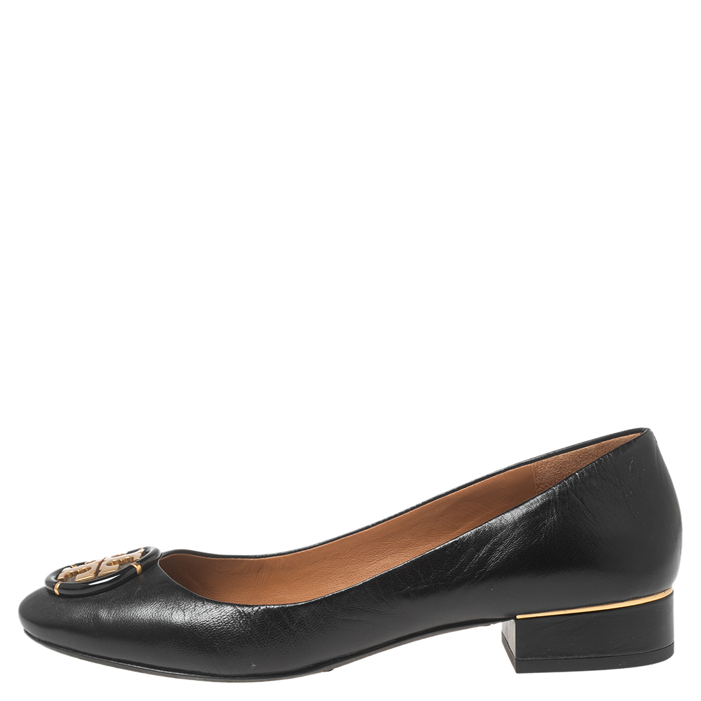 

Tory Burch Black Leather Multi Logo Ballet Flats Size