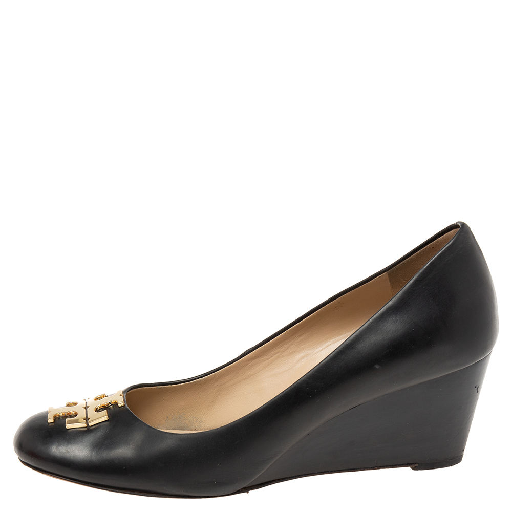 

Tory Burch Black Leather Logo Wedge Pumps Size