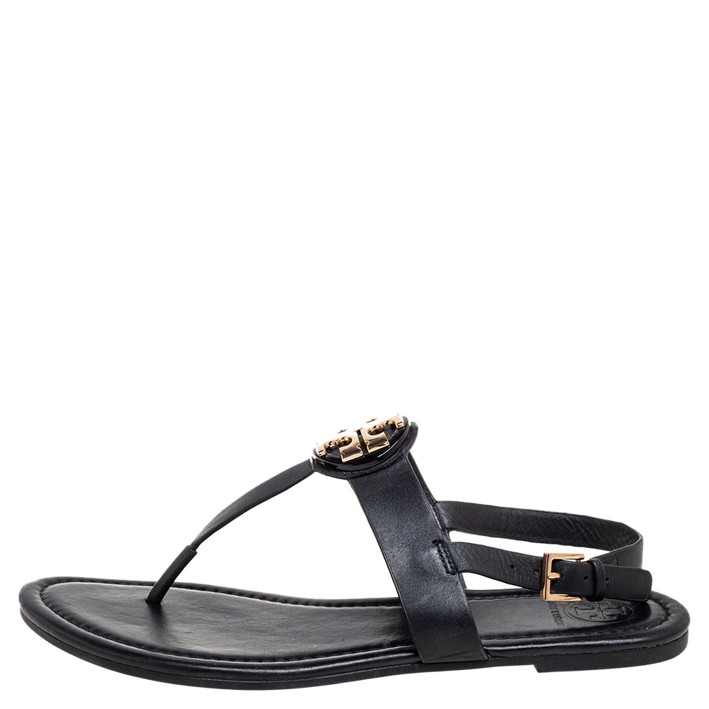 

Tory Burch Black Leather Logo Claire Thong Flats Size