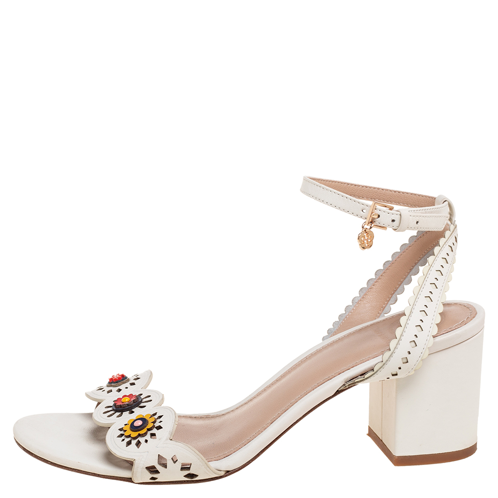 

Tory Burch White Cut-Out Leather Floral Appliqué Ankle-Strap Sandals Size