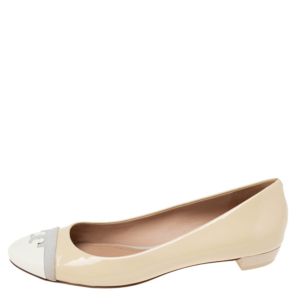 

Tory Burch Tricolor Patent Leather Ballet Flats Size, Beige