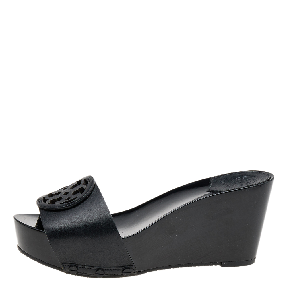 

Tory Burch Black Leather Logo Wedge Slide Sandals Size