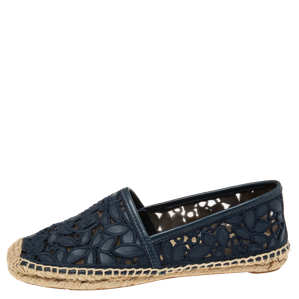 

Tory Burch Navy Blue Leather And Net Espadrille Flats Size