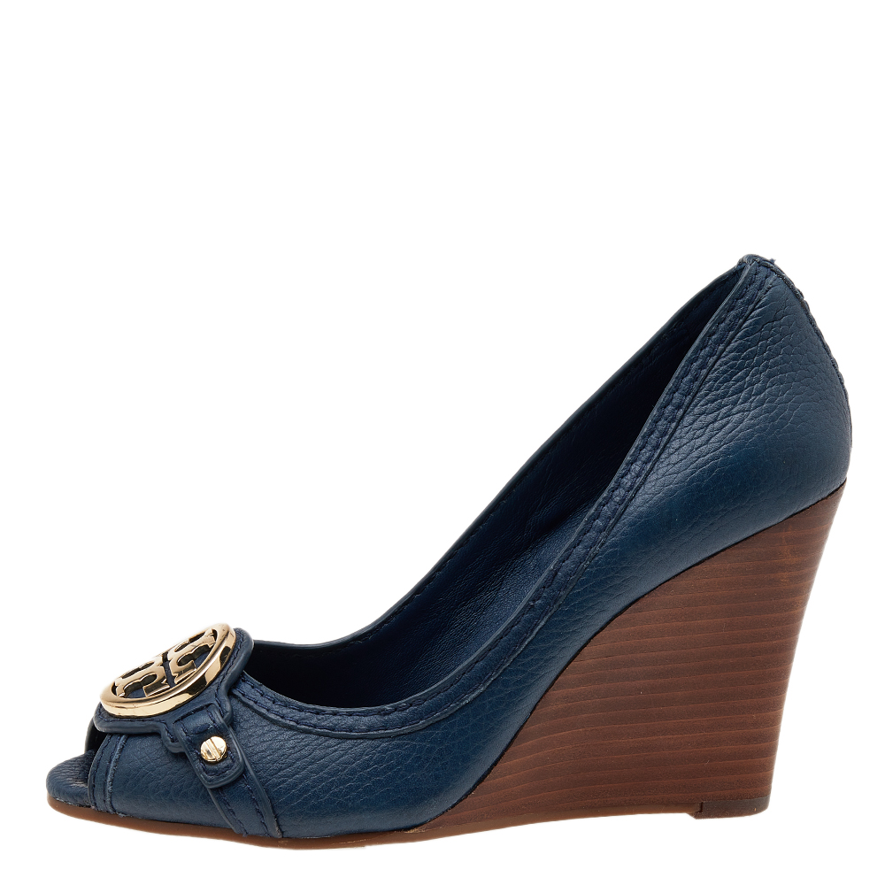 

Tory Burch Blue Leather Leticia Wedge Pumps Size