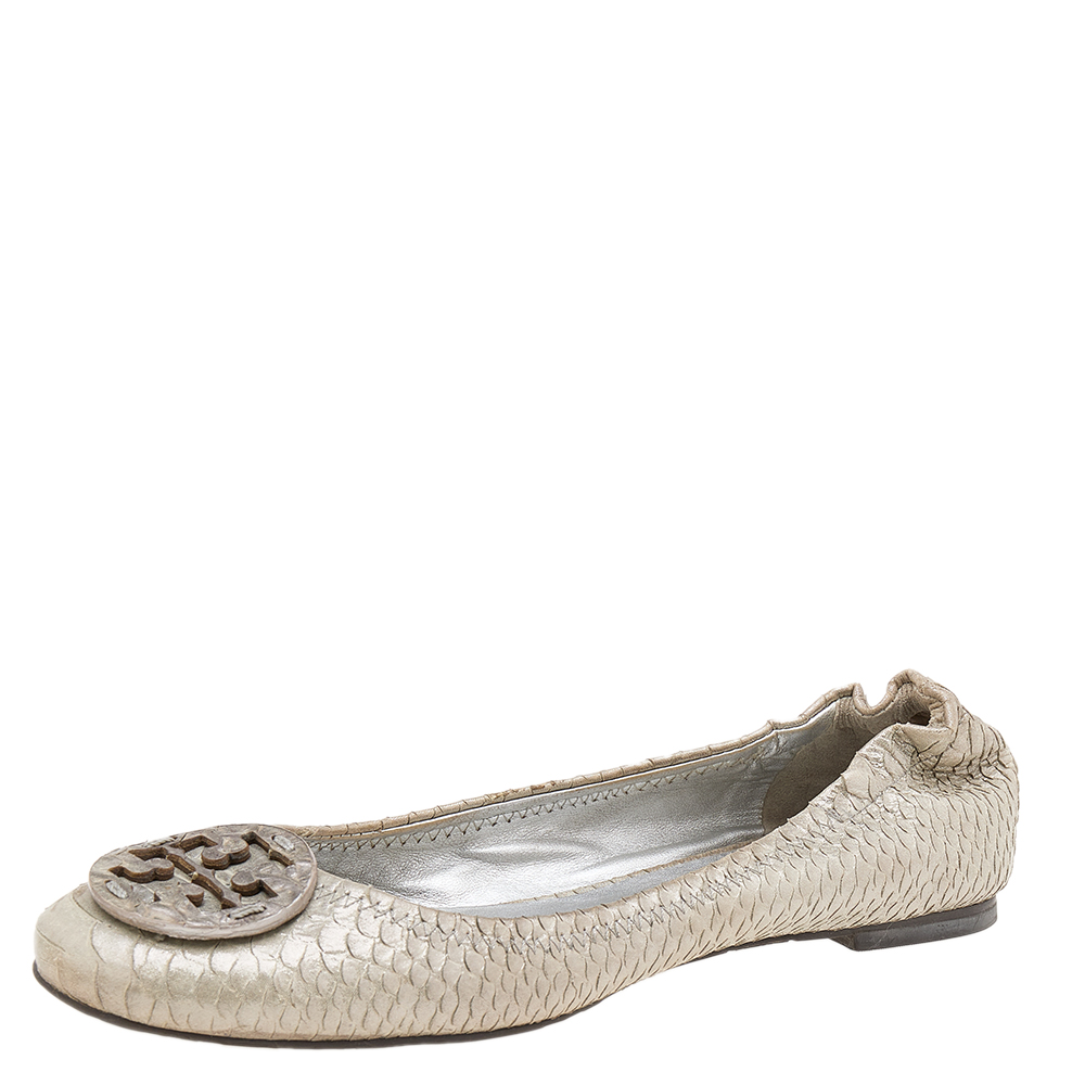 

Tory Burch Silver Python Embossed Leather Reva Ballet Flats Size