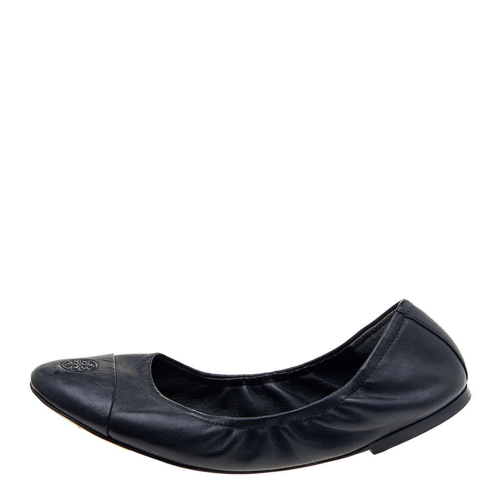

Tory Burch Black Leather Cap Toe Scrunch Ballet Flats Size