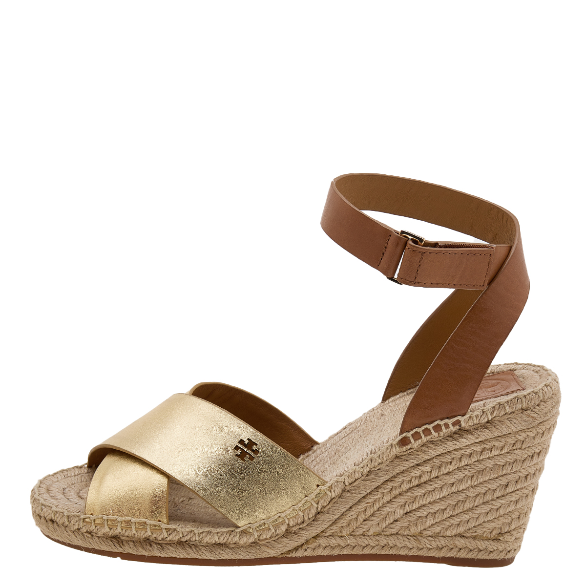 

Tory Burch Gold/Brown Leather Bima Espadrille Wedge Sandals Size