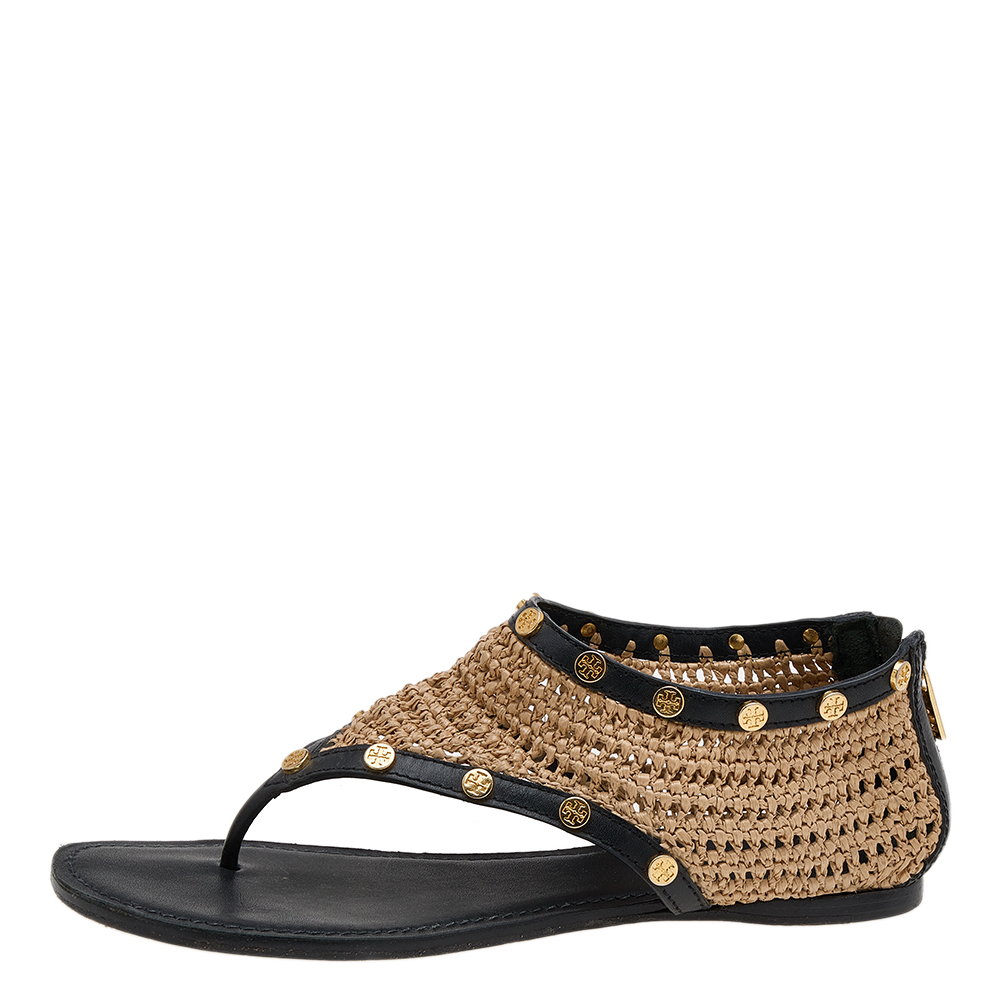 

Tory Burch Beige/Black Raffia And Leather Flat Thong Sandals Size