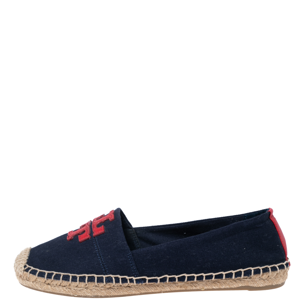 

Tory Burch Navy Blue/Red Canvas and Leather Weston Flat Espadrilles Size