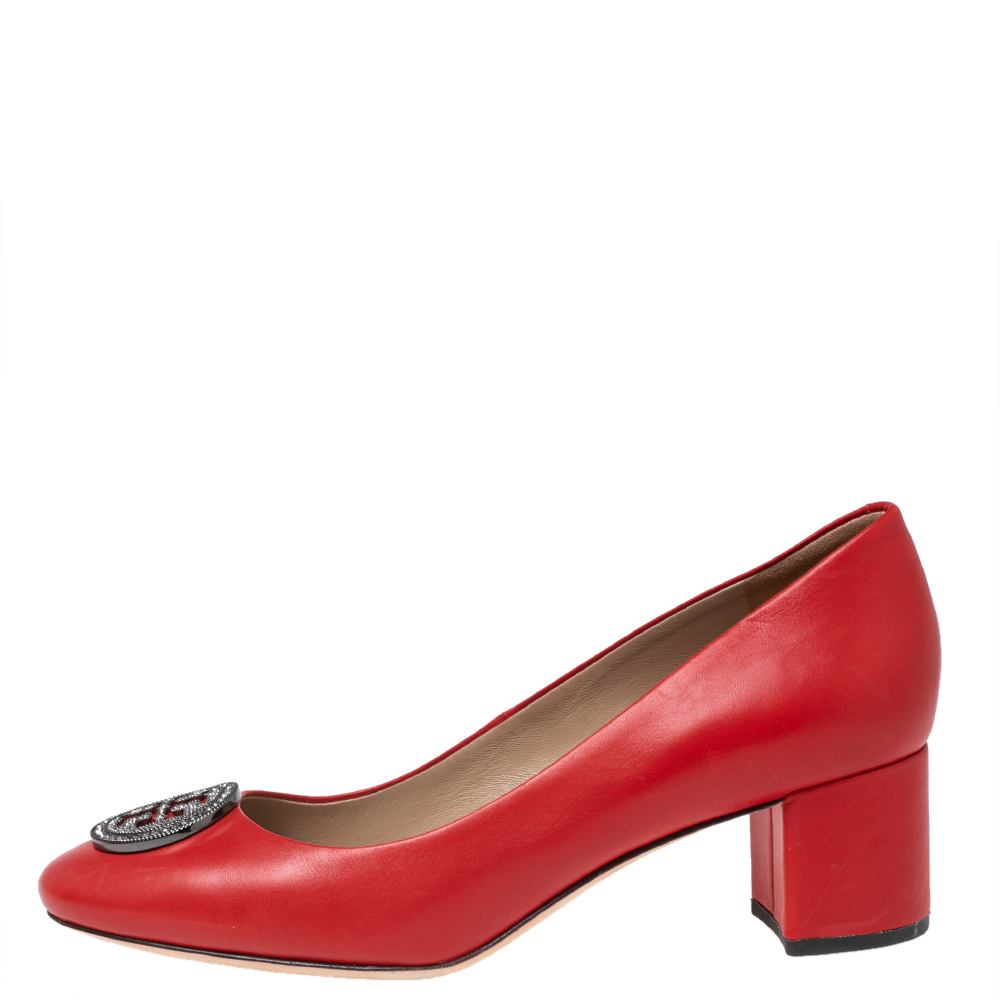 

Tory Burch Red Leather Embellished Block Heel Pumps Size