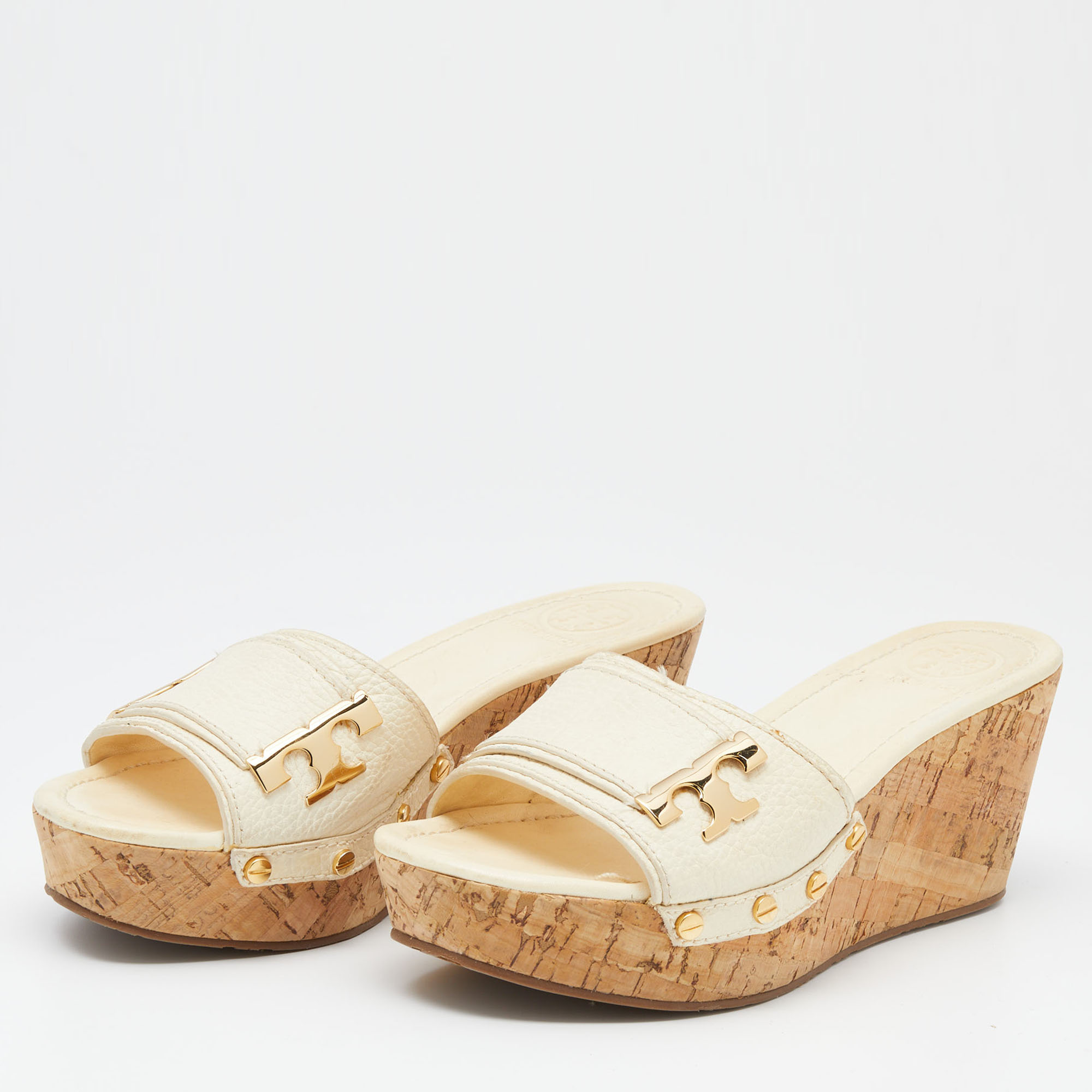 

Tory Burch Cream Leather Cork Wedge Slide Sandals Size