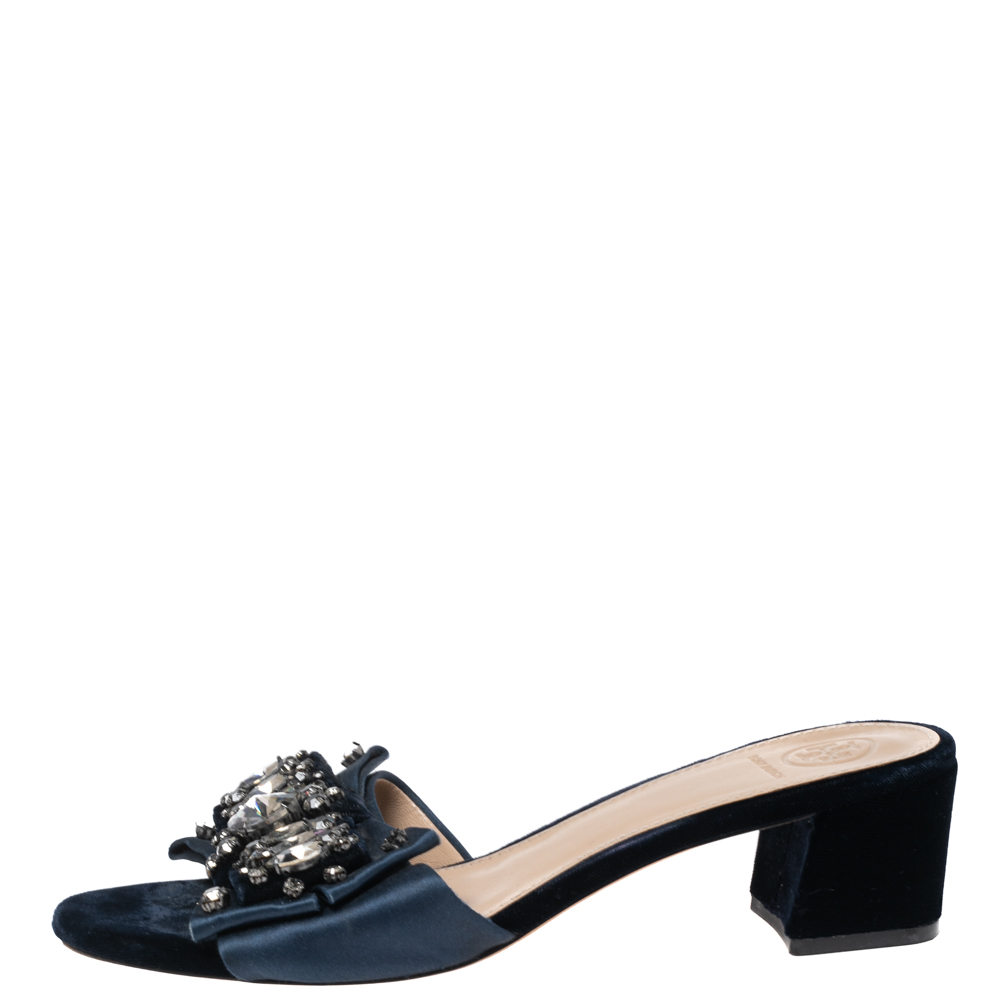 

Tory Burch Navy Blue Satin Embellished Slide Sandals Size