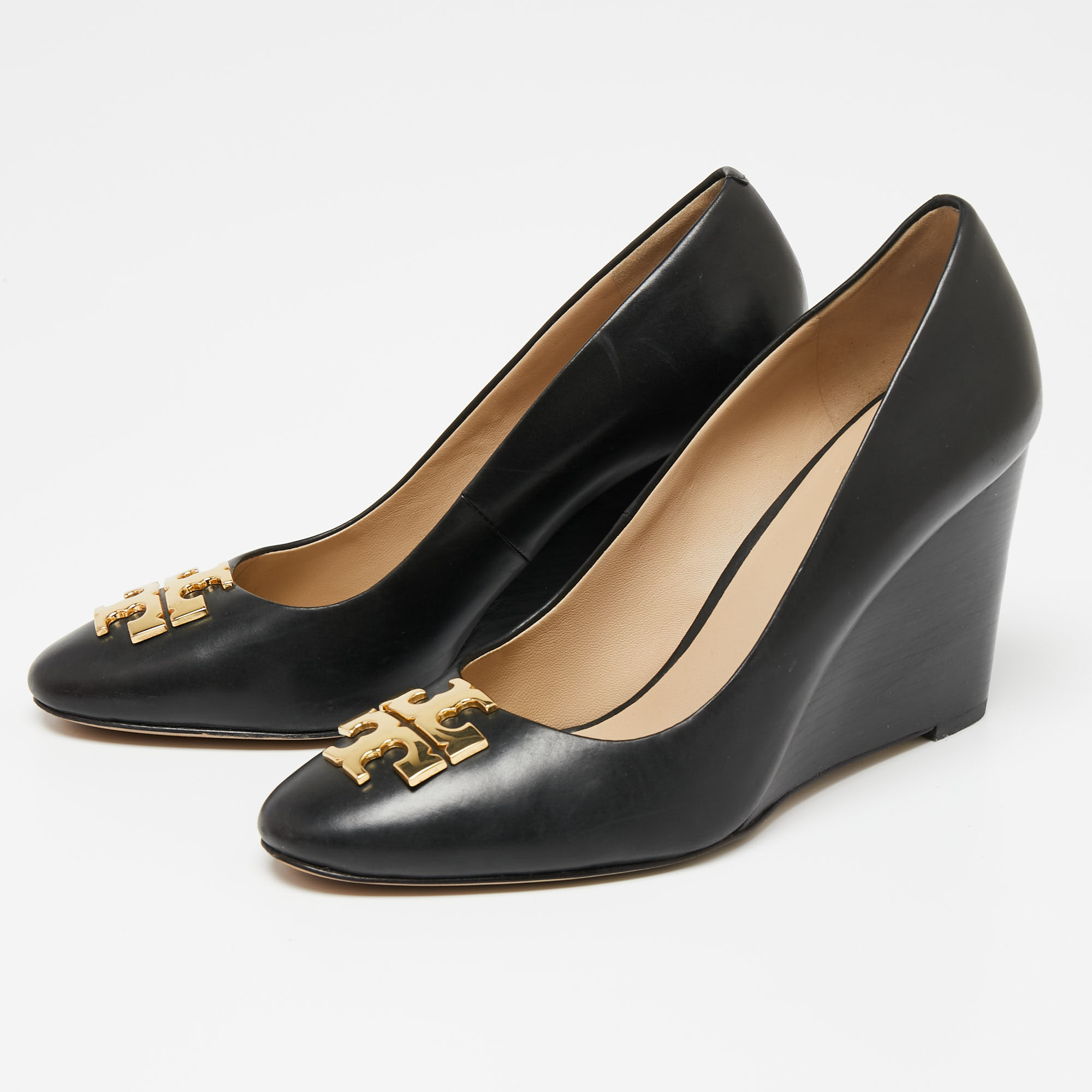 

Tory Burch Black Leather Raleigh Wedge Pumps Size