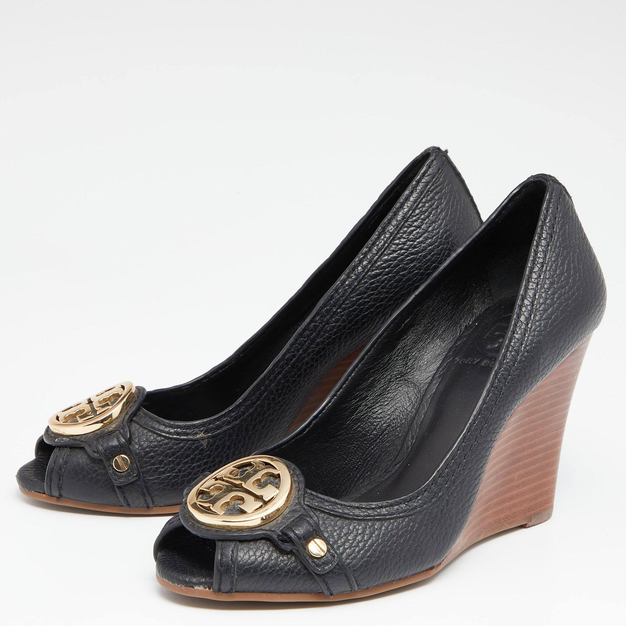 

Tory Burch Black Leather Leticia Wedge Peep Toe Pumps Size