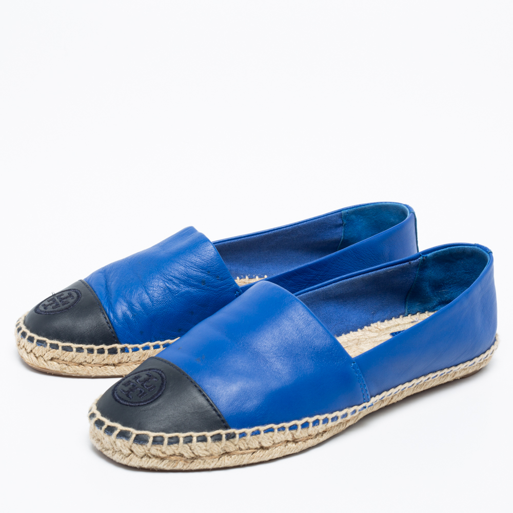 

Tory Burch Royal Blue/Black Leather Flat Espadrilles Size