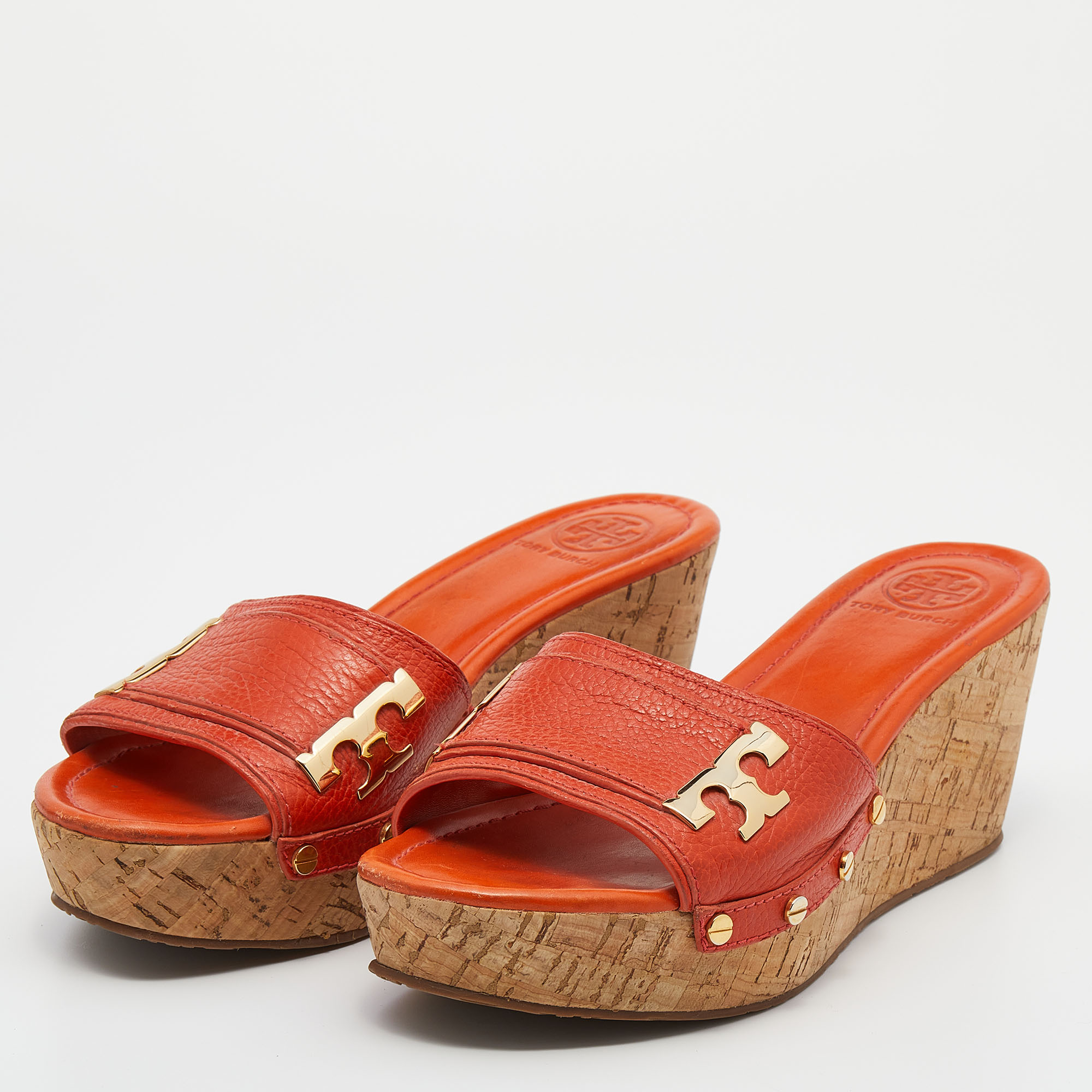 

Tory Burch Orange Leather Cork Wedge Platform Slide Sandals Size