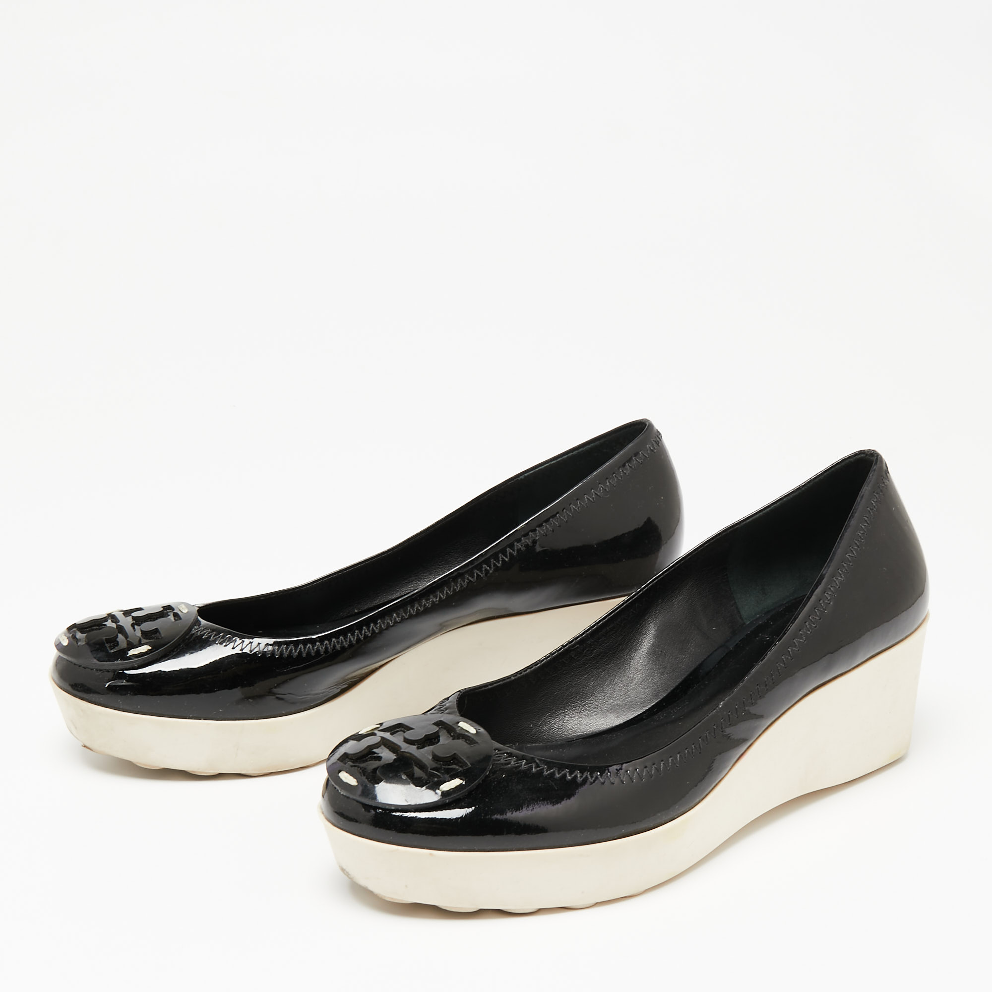 

Tory Burch Black Patent Leather Logo Platform Wedge Pumps Size