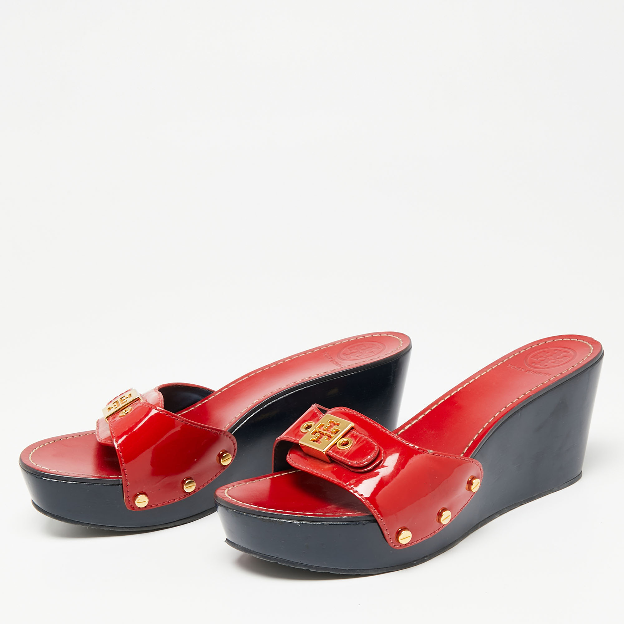 

Tory Burch Red Patent Leather Wedge Slide Sandals Size