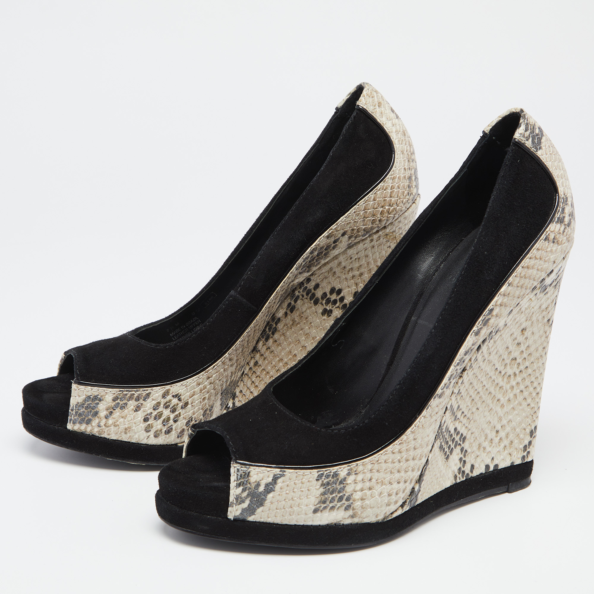 

Tory Burch Black/Grey Suede and Python Embossed Leather Sandra Wedge Peep Toe Pumps Size