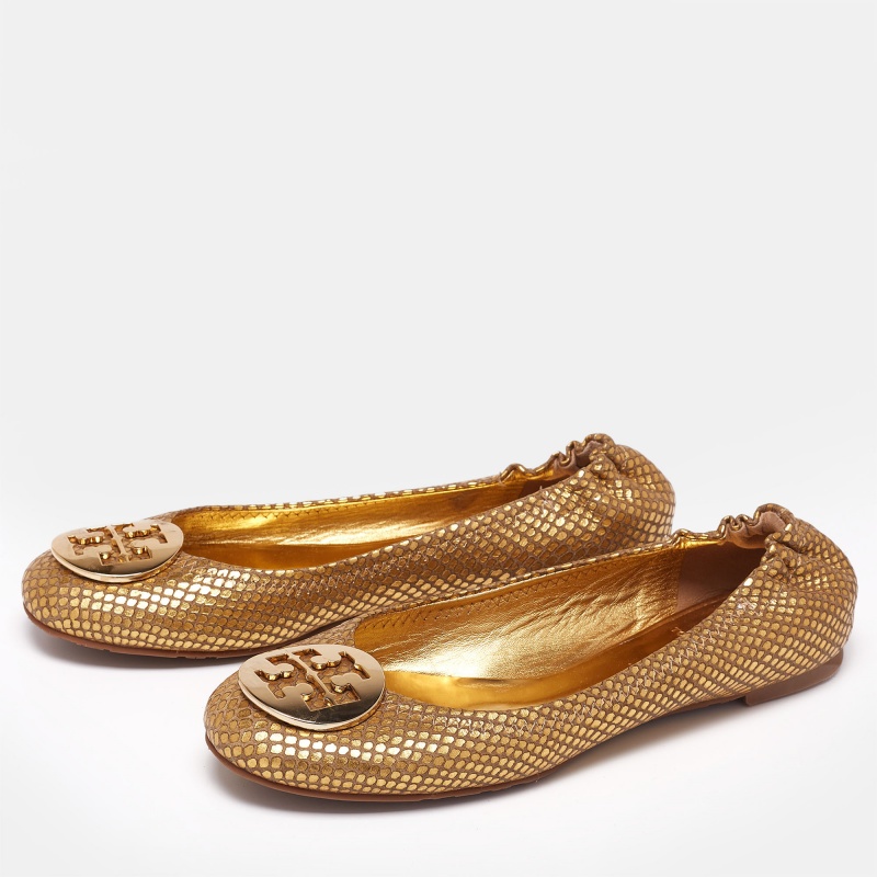 

Tory Burch Gold Snakeskin Embossed Leather Minnie Ballet Flats Size