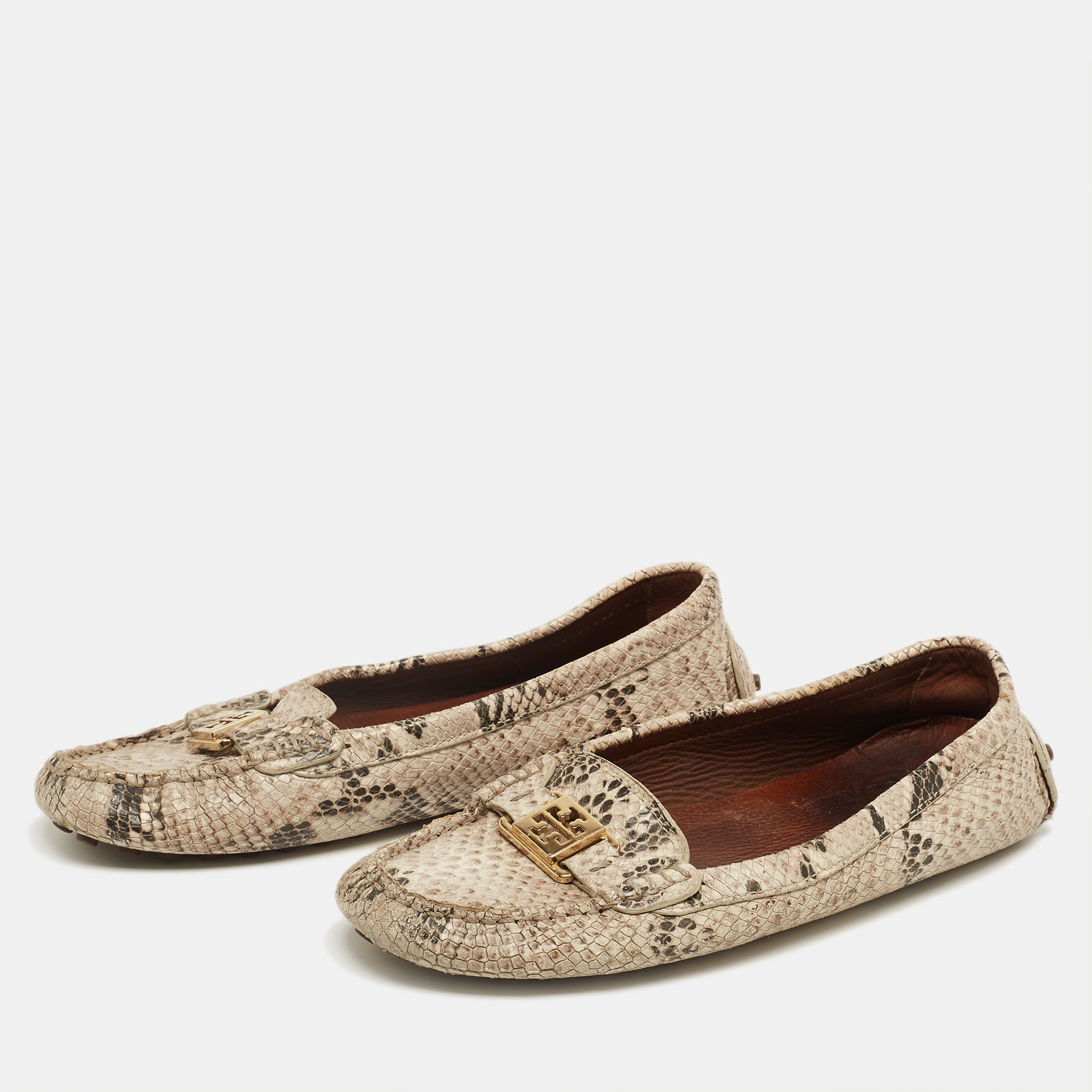 

Tory Burch Cream/Brown Python Embossed Leather Driving Loafers Size