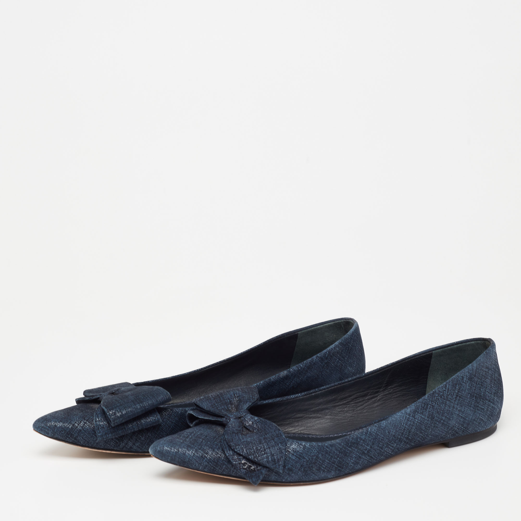 

Tory Burch Navy Blue Laminated Suede Bow Ballet Flats Size
