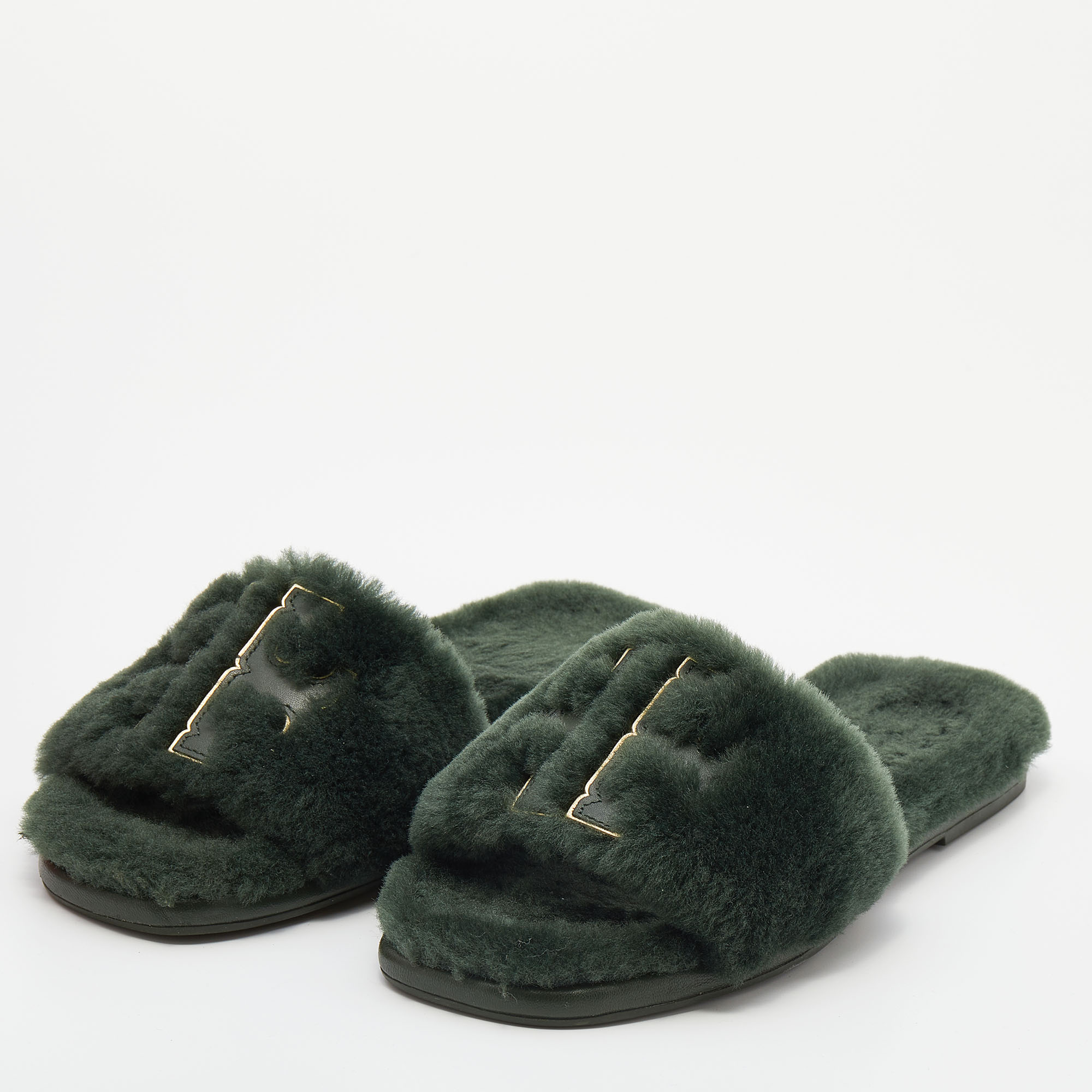 

Tory Burch Green Shearling Double T Fluffy Flat Slides Size