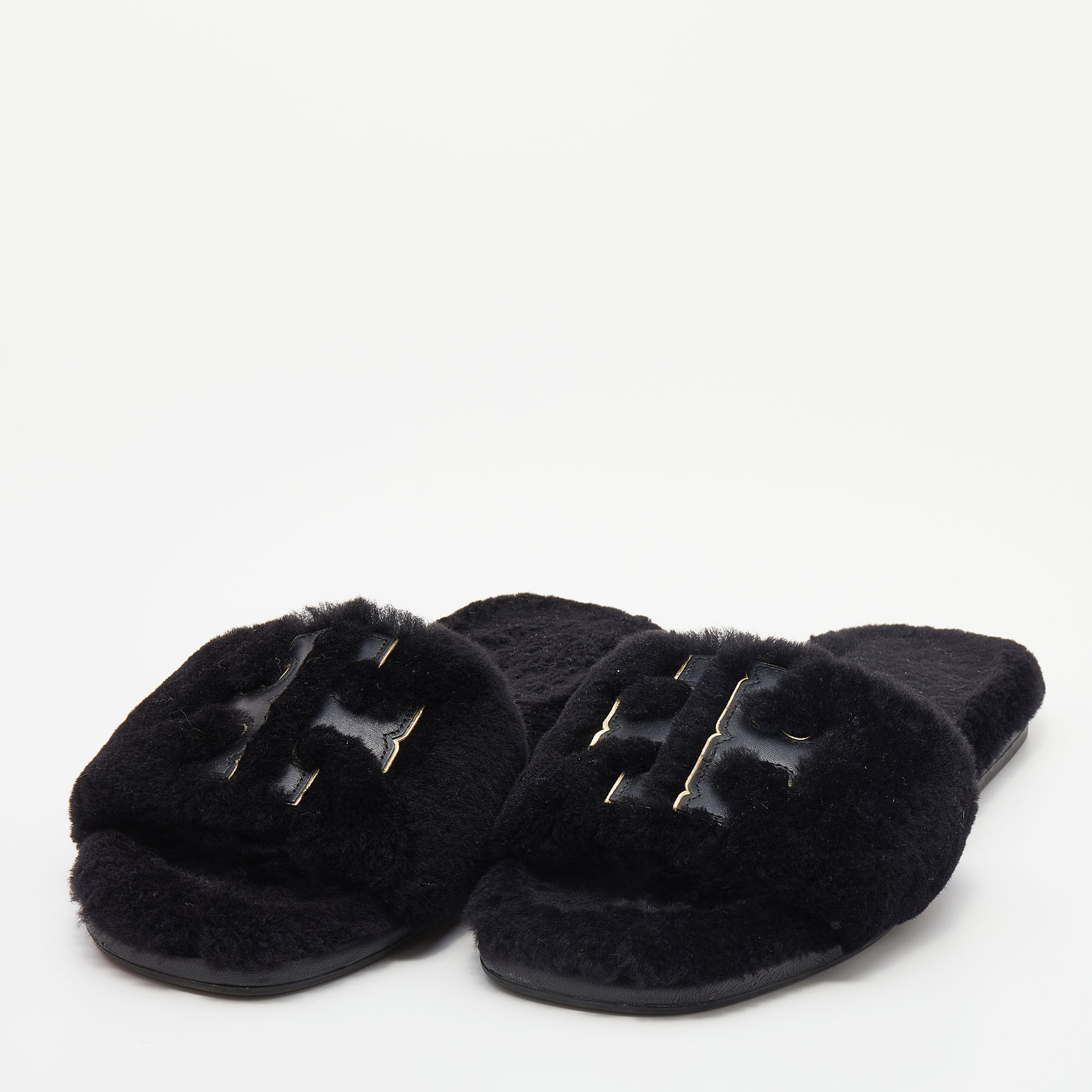 

Tory Burch Black Shearling Double T-Fluffy Flat Slides Size