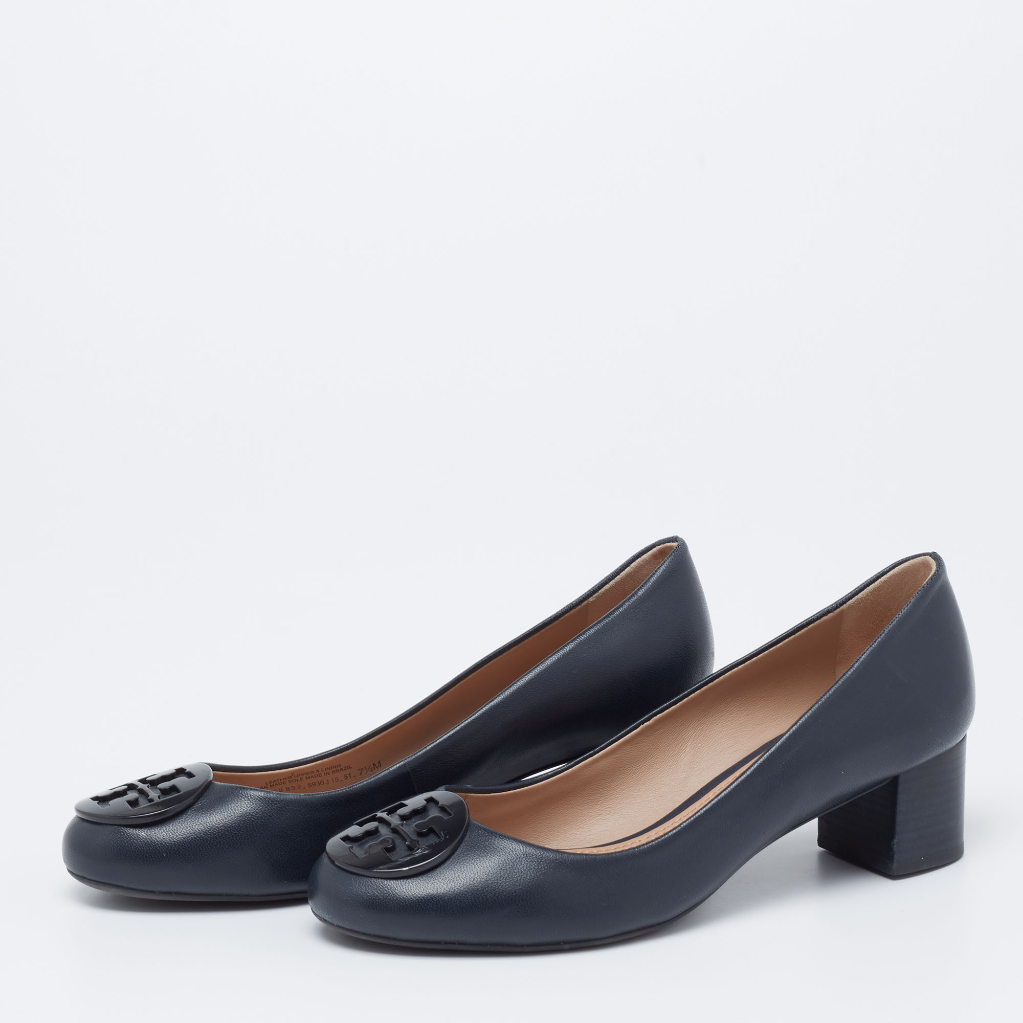 

Tory Burch Navy Blue Leather Block Heel Pumps Size