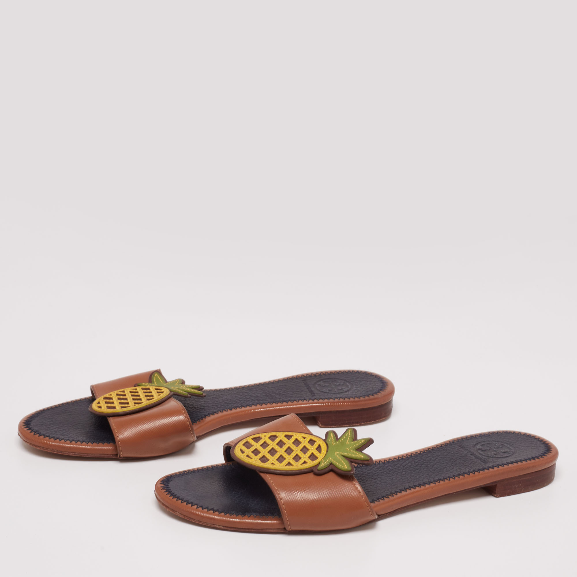 

Tory Burch Brown Leather Pineapple Applique Slide Flat Sandals Size