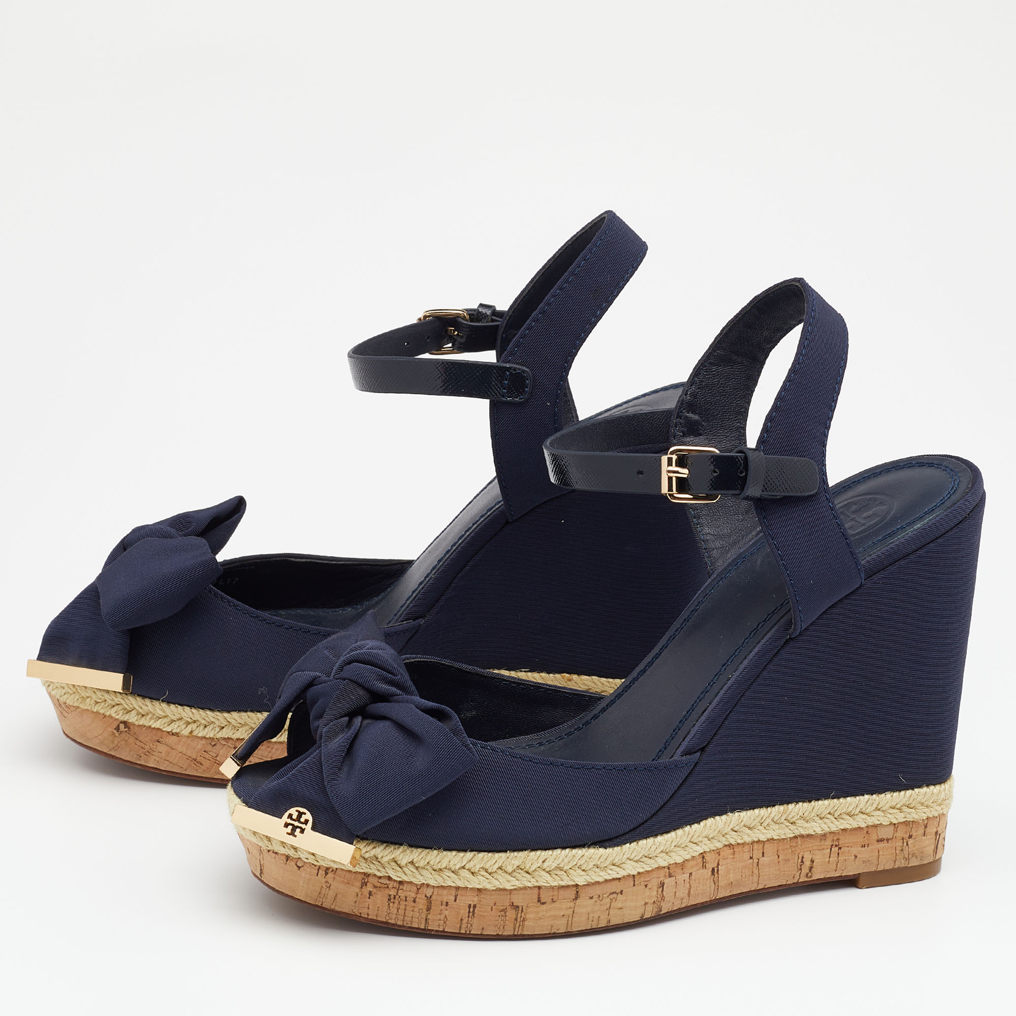 

Tory Burch Blue Fabric And Leather Espadrille Wedge Ankle Strap Sandals Size, Navy blue