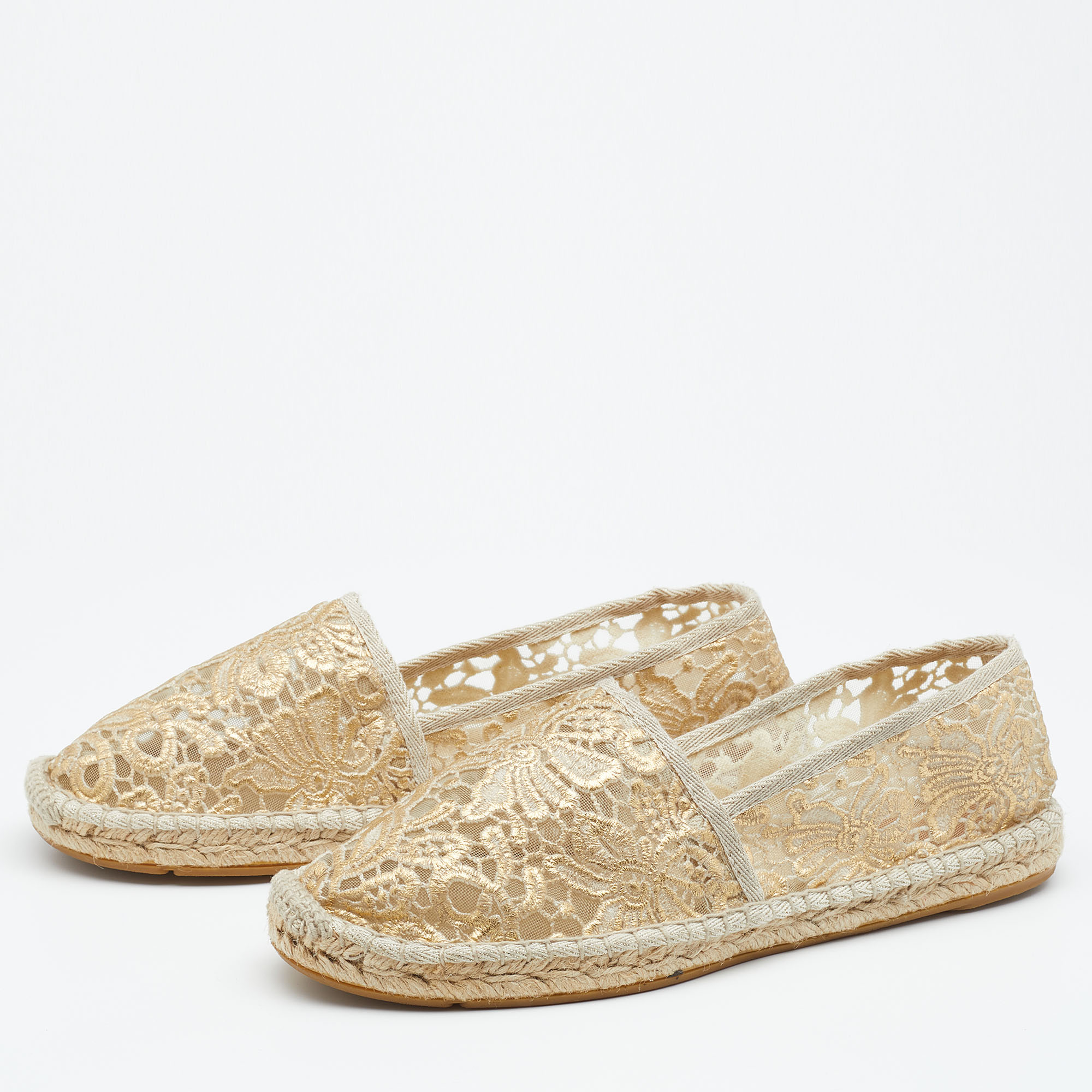 

Tory Burch Beige/Gold Lace and Mesh Espadrille Flats Size