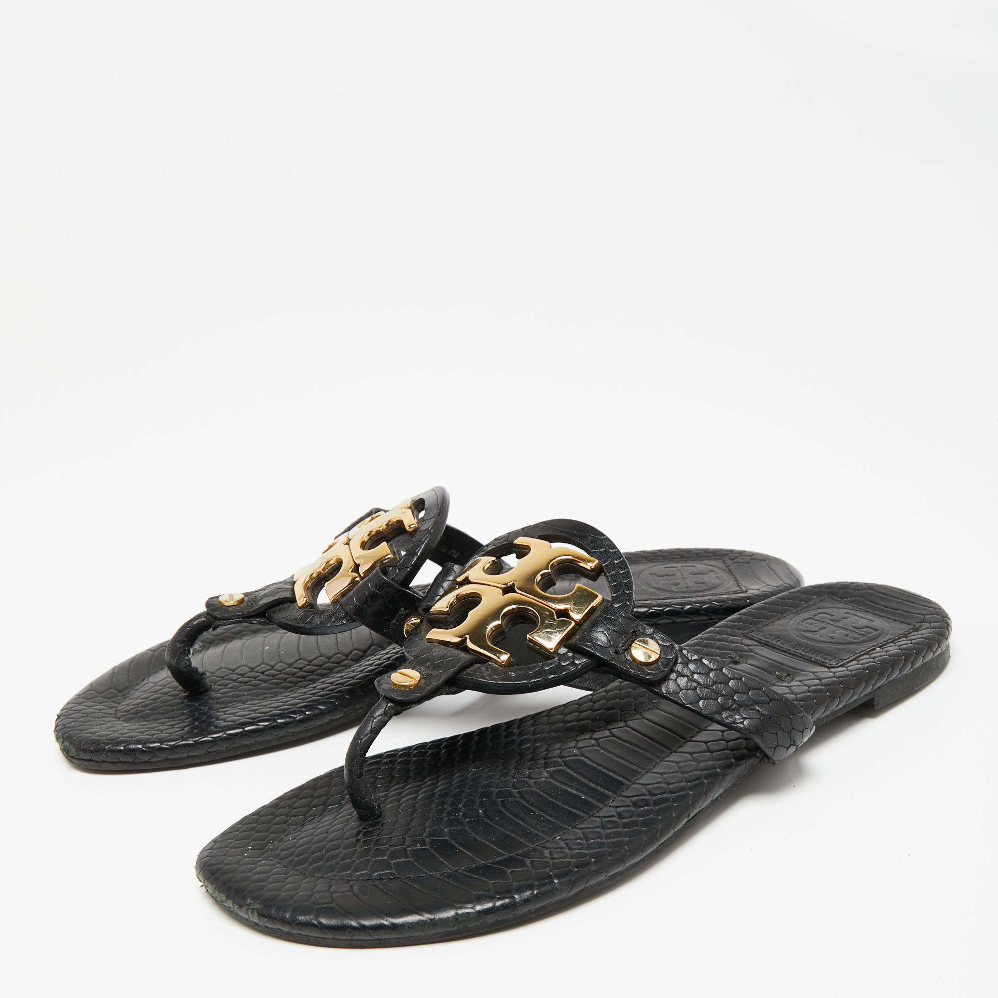 

Tory Burch Black Python Embossed Leather Logo Miller Thong Flats Size