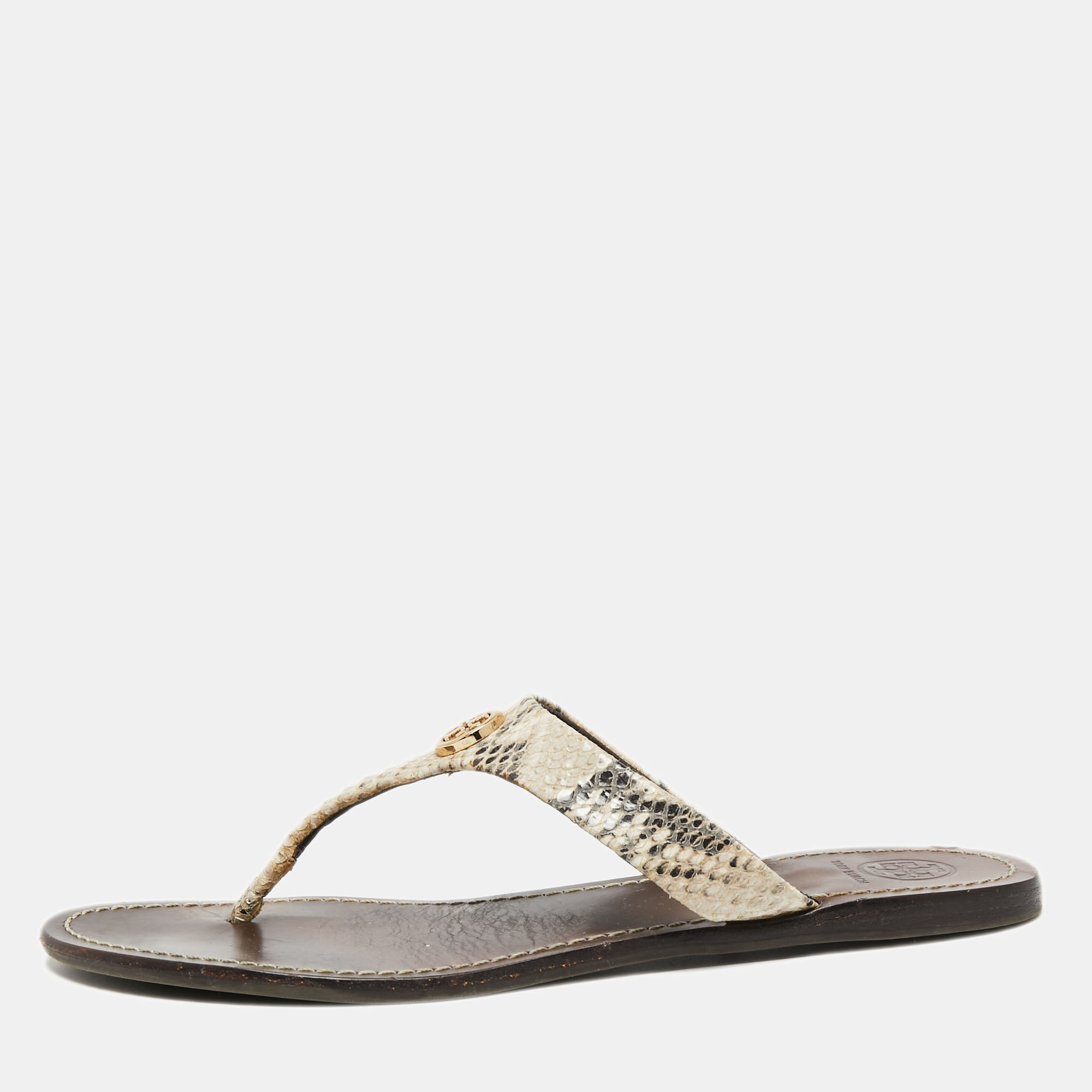 

Tory Burch Beige/Black Snakeskin Embossed Leather Flat Thong Sandals Size