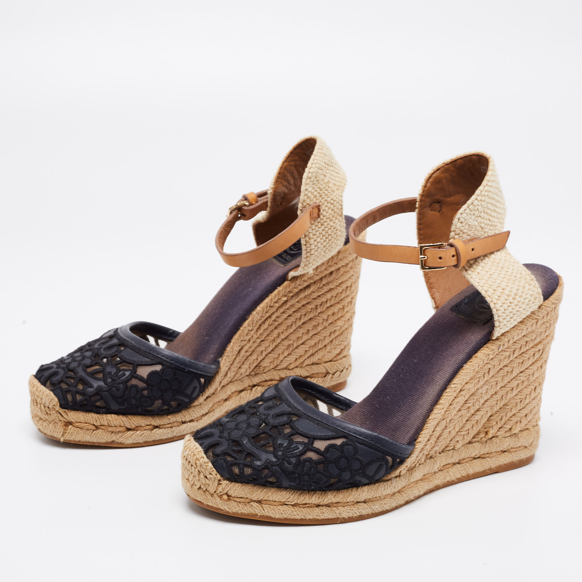 

Tory Burch Navy Blue Leather and Lace Espadrille Wedges Sandals Size